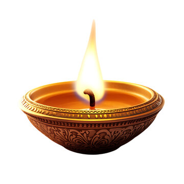 A glowing diya lamp with flame on black background