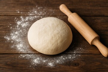 Pizza or bread dough with a rolling pin on a wooden surface