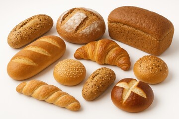 Varieties of bread and buns displayed on a white background