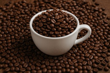 Bean-filled coffee mug and fresh coffee beans