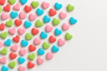 Vibrant heart-shaped sweets arranged on a white background for a romantic celebration