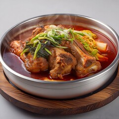 Authentic Korean Spicy Pork Bone Soup Gamjatang with Steaming Hot Broth and Fresh Vegetables