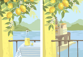 Summer trip to Italy. The city of Amalfi. A table on the balcony with a sea view and a bottle of limoncello. Hand drawn vector illustration in watercolor style.