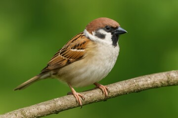 Small Eurasian bird perched on a branch against a lush green backdrop