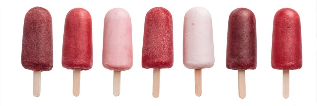 Colorful berry popsicles lined up, evoking Midsummer delight, frosty symphony, and whimsical sorbet dreams, ideal for Ice Cream Day