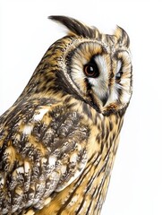 Obraz premium Long-eared Owl Close-up on White Background