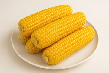 Four cooked corn cobs displayed on a white dish with a light backdrop
