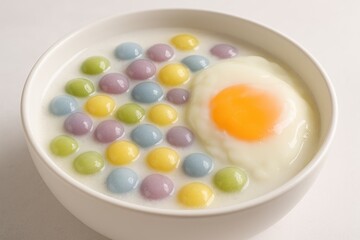 Sweet treat featuring dumplings in coconut milk and egg, with colorful ball-shaped flour in street cuisine.