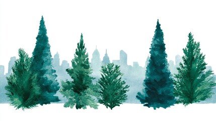 Obraz premium Serenely standing evergreen sentinels whisper winter tales, evoking Arbor Day dreams and Yule celebrations amid urban shadows