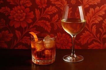 Detailed shot of mixed drink and wine glass with floral red backdrop