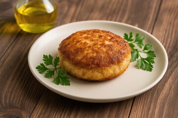 Herb-seasoned meat cutlet served on a rustic wooden surface