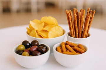 Variety of olives, snack chips, and salted breadsticks served at a wedding celebration