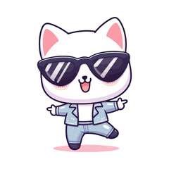 Funny black cartoon cat with a cute hipster style and playful expression