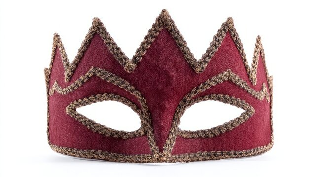 Regal maroon masquerade mask, opulent gold trim crowning intrigue, Mardi Gras enchantment, Renaissance revelry, secretive elegance, costumed fete