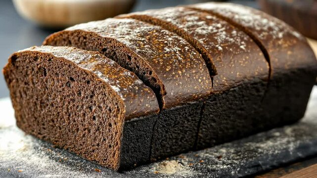Sliced loaf of freshly baked rye bread with a dusting of flour on a rustic surface.