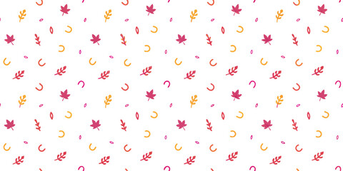 Autumn Leaves and Horseshoes Pattern: A cheerful autumn-themed seamless pattern featuring scattered maple leaves and horseshoes in warm, autumnal colors. Perfect for crafting and design projects.
