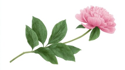 Obraz premium A delicate pink peony blossom dances alongside emerald leaves, evoking Hanami celebrations and Victorian floriography whispers