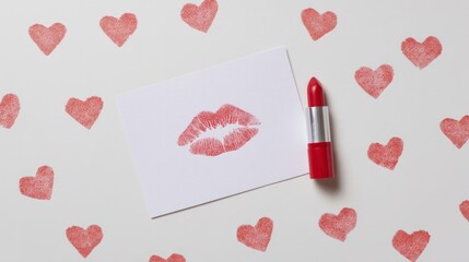 Lipstick-kissed card, crimson hearts fluttering, evokes Valentine's Day charm and the quirky allure of International Kissing Day
