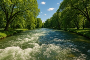 Rapid river currents with overhanging foliage captured in a scenic location