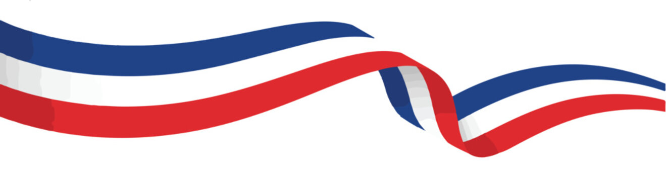 Waving red white and blue ribbon banner with flowing curves - patriotic abstract vector symbol for national holidays and celebrations