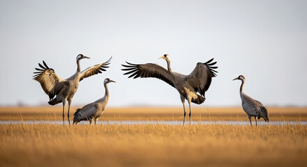 Fototapeta premium Graceful Cranes Displaying Wings in a Serene Wetland Habitat