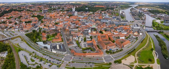 An arial panoramic view of the old town of the city Randers in Denmark on a sunny spring day	