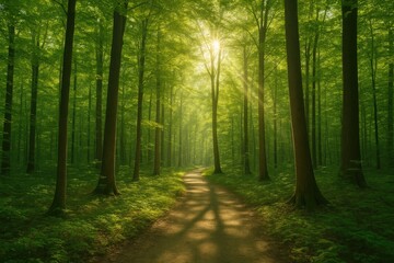 Lush green forest with sunlight filtering through trees and natural backgrounds