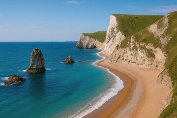 Obraz premium Seaside cliffs with rock formations and vibrant blue ocean scenes