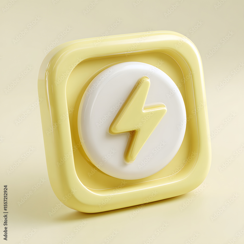 Fototapete 3d rendering of a yellow square button with a white circle and a yellow lightning bolt symbol.