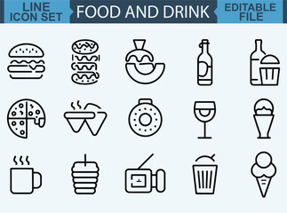 Minimalist food icons, black and white line drawings, café and bakery items, croissant, potted plant, milk bottle, drink cup, bowl, cocktail glass, hot dog, coffee cup, baguette, to-go cup, mug 