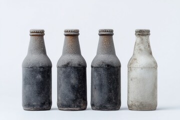 Four frost-kissed vintage bottles whisper antiquity, perfect for Root Beer Day or International Museum Day, shadowed with rustic nostalgia