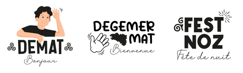 3 Pictogrammes Modernes sur la Bretagne – Mots Bretons et Traductions avec Personnage, Carte et Triskel