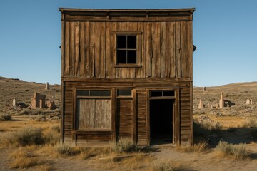 The front view of a deserted structure and the remains of a tiny forsaken settlement