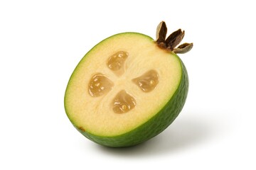 Fresh feijoa fruit sliced open against a plain white backdrop