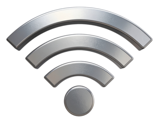 3d rendering of a metallic wifi symbol is floating on a transparent background, embod