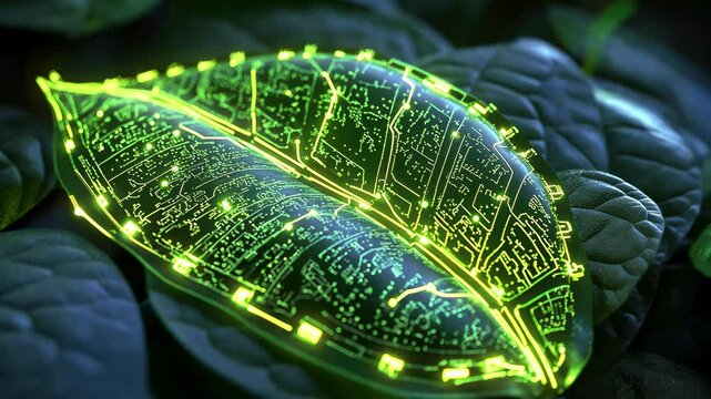Futuristic glowing green leaf with embedded circuit patterns. Symbol of eco-technology and innovation.