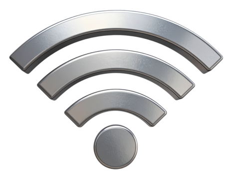 3d rendering of a metallic wifi symbol is floating on a transparent background, embod