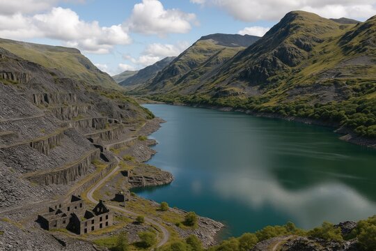 Slate mining at Dinorwig with nearby lake in Snowdonia
