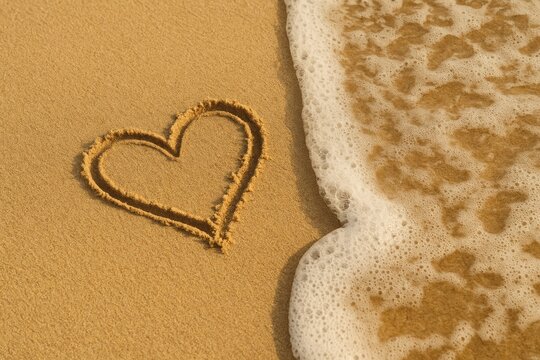 Beach scene depicting a heart drawn in the sand being erased by approaching waves - Powered by Adobe