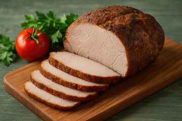 Chilled cooked pork resting on a wooden chopping surface