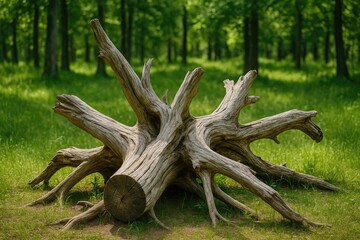 Naklejka premium Ancient tree stumps and roots remaining in woodland during summer with lush greenery