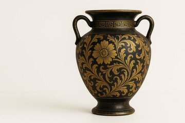 Detailed shot of an ornate black and gold antique vase against a white backdrop, vintage style with ample space for text