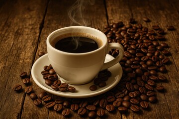 Obraz premium Rustic scene featuring a coffee mug and beans on weathered wooden surface
