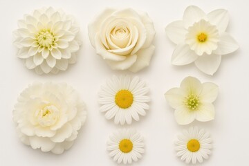 Obraz premium Assortment of elegant white blossoms including dahlias, roses, chamomile, daffodils, peonies, daisies, and hellebores arranged on a plain white surface. Stunning floral arrangement captured from