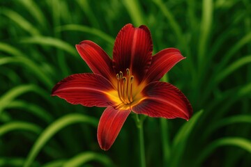 Elegant crimson lily bloom with leafy backdrop