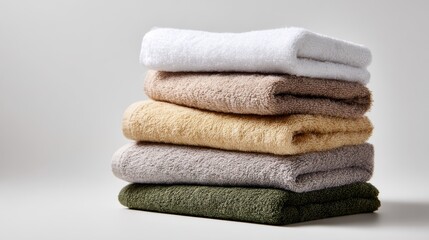 Stack of folded towels in neutral colors on white background