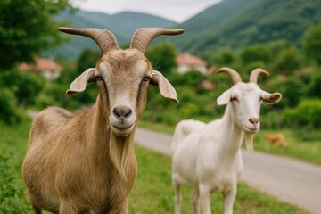 Detailed view of horned goats in rural farmland setting