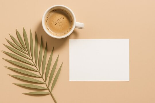 Stylish flat lay featuring a coffee mug and a dry green palm leaf on a neutral backdrop, perfect for wedding invites or planning ideas.