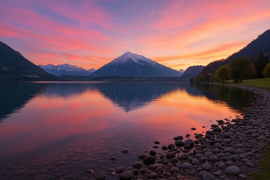 Fototapeta Stunning mountain view at dusk from a lakeside vantage point