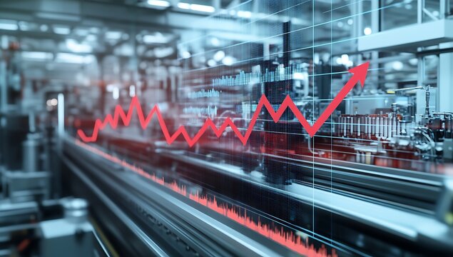 A digital graph illustrating a rising trend in industrial production growth, highlighted by red upward arrows, set against a backdrop of advanced factory machinery and modern manufacturing equipment.